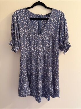 Blue Floral V-Neck Tiered Tunic Dress
